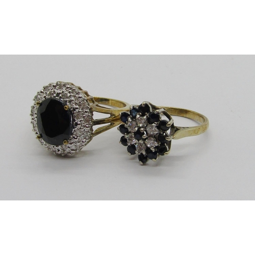 314 - Two sapphire and diamond cluster dress rings, 6.5g total and a further silver gilt sapphire and simu... 