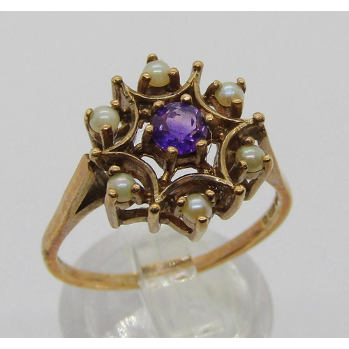 318 - Edwardian style 9ct amethyst and pearl cluster ring, maker 'CJLtd', London 1971, size S and a 9ct cr... 