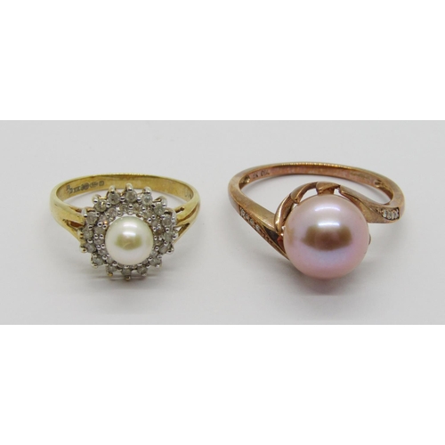 320 - 9ct pearl and diamond cluster ring, size L and a further 9ct blush pearl and diamond crossover type ... 