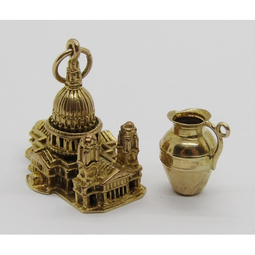 325 - 9ct St Pauls Cathedral charm, London 1969 and a further 9ct jug / ewer charm, 8.9g total (2)