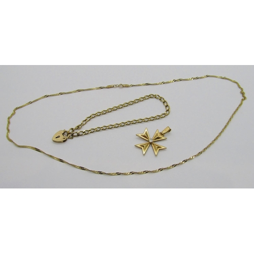 343 - Group of vintage gold jewellery comprising an 18ct Maltese cross pendant set with a colourless stone... 