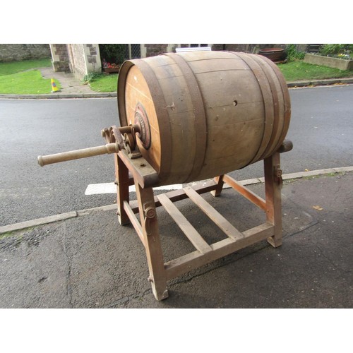 1062 - An unusually large vintage Hathaway coopered oak and steel banded two handled butter churn and pine ... 