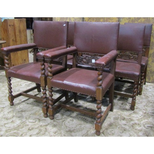 1114 - A set of eight (6&2) 1920s Jacobean revival dining chairs with carved splats and barley twist suppor... 