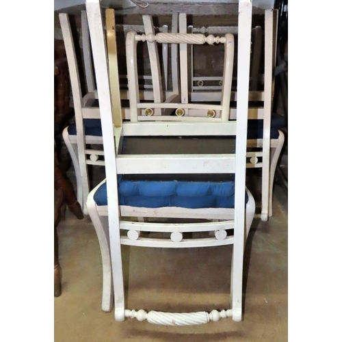 1121 - A set of six Regency style dining chairs with later painted frames and buttoned drop in upholstered ... 