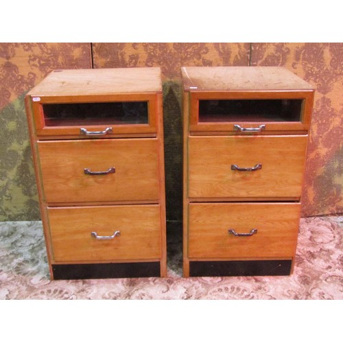 1133 - A pair of vintage haberdashery style three drawer pedestal chests 79 cm high x 46 cm x 48 cm