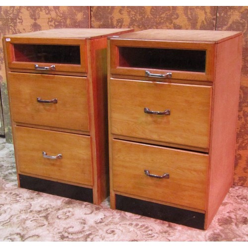 1133 - A pair of vintage haberdashery style three drawer pedestal chests 79 cm high x 46 cm x 48 cm