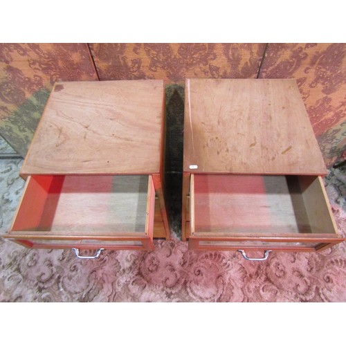 1133 - A pair of vintage haberdashery style three drawer pedestal chests 79 cm high x 46 cm x 48 cm