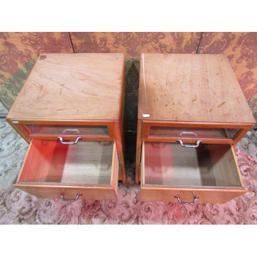 1133 - A pair of vintage haberdashery style three drawer pedestal chests 79 cm high x 46 cm x 48 cm