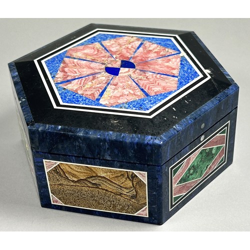 411 - A contemporary Pietra Dura jewel box of hexagonal outline, 10 cm diameter