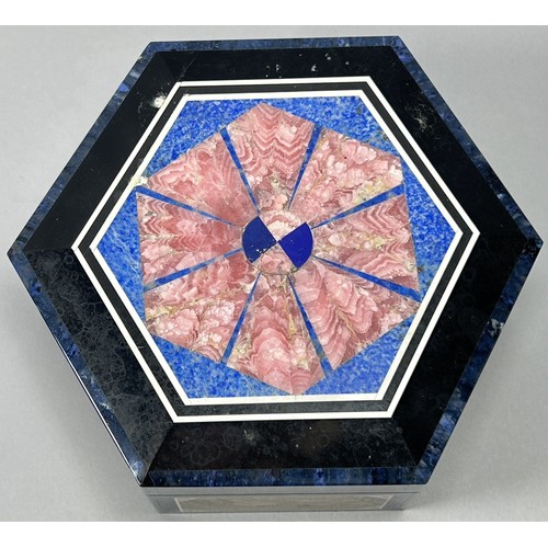 411 - A contemporary Pietra Dura jewel box of hexagonal outline, 10 cm diameter