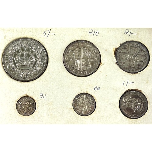 414 - George V 1927 uncirculated six piece coin set with wreath crown, half crown, florin, shilling, sixpe... 