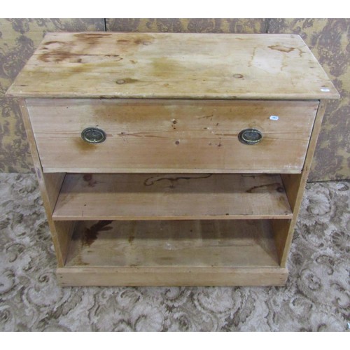 1174 - An old  stripped pine kitchen unit, floorstanding with deep frieze drawer over an open compartment w... 