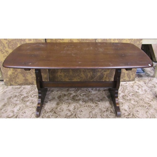 1181 - A vintage Ercol dark stained elm refectory table together with a set of six associated Ercol hoop an... 