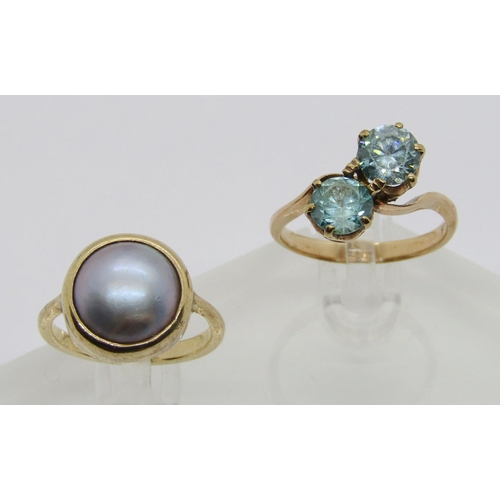 348 - Arts & Crafts yellow metal blister pearl ring, size M, 4.2g and a further yellow metal blue topaz cr... 