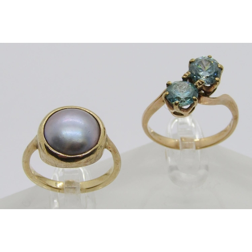 348 - Arts & Crafts yellow metal blister pearl ring, size M, 4.2g and a further yellow metal blue topaz cr... 