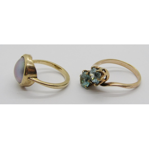 348 - Arts & Crafts yellow metal blister pearl ring, size M, 4.2g and a further yellow metal blue topaz cr... 