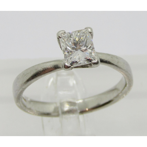 950 platinum rectangular diamond solitaire ring, 1ct approx, maker 'DOM', Birmingham, size P, 5g, with accompanying GIA diamond grading report stating diamond clarity VS1 and colour E