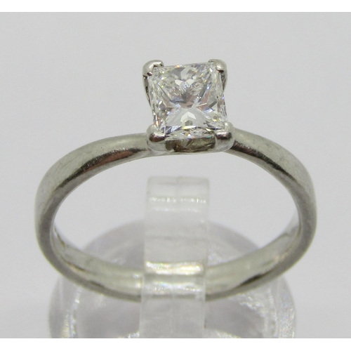 355 - 950 platinum rectangular diamond solitaire ring, 1ct approx, maker 'DOM', Birmingham, size P, 5g, wi... 