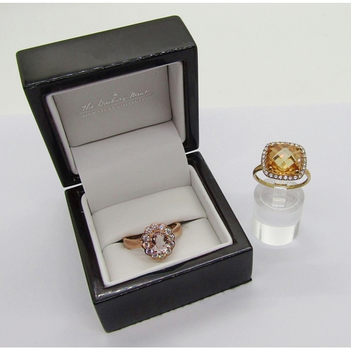 357 - Danbury Mint 9ct morganite and cubic zirconia oval cluster ring, size T, 4g, boxed, together with a ... 