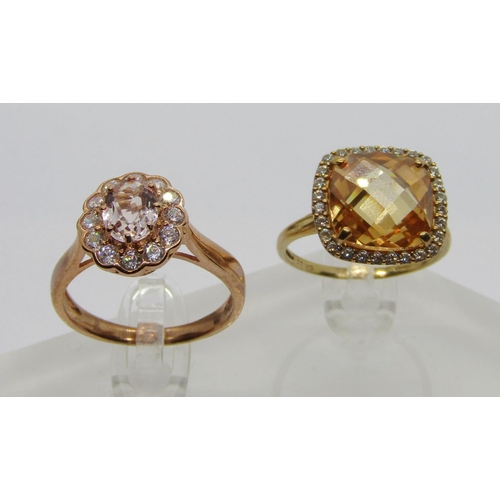 357 - Danbury Mint 9ct morganite and cubic zirconia oval cluster ring, size T, 4g, boxed, together with a ... 