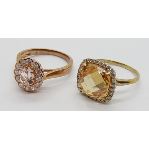 357 - Danbury Mint 9ct morganite and cubic zirconia oval cluster ring, size T, 4g, boxed, together with a ... 