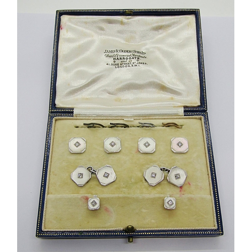 359 - Art Deco diamond and mother-of-pearl dress jewellery set, comprising pair of cufflinks, pair of dres... 