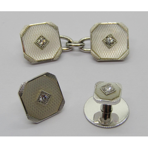 359 - Art Deco diamond and mother-of-pearl dress jewellery set, comprising pair of cufflinks, pair of dres... 