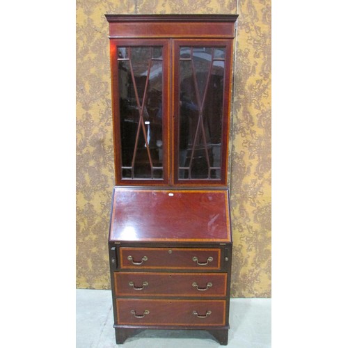 1191 - An inlaid Edwardian mahogany bureau bookcase with satin wood cross banding 189 cm high x 70 cm x 43 ... 