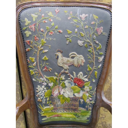 1267 - A 19th century French open armchair with moulded show wood frame and decorative cruel work seat and ... 