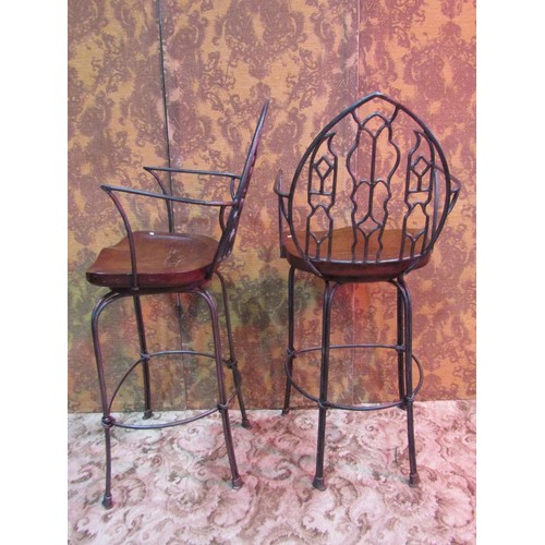 1279 - A pair of good quality heavy gauge contemporary high chairback stools with gothic tracery arched bac... 