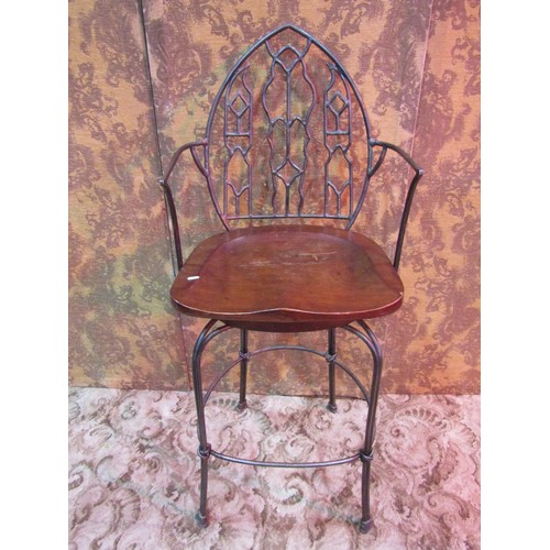 1279 - A pair of good quality heavy gauge contemporary high chairback stools with gothic tracery arched bac... 