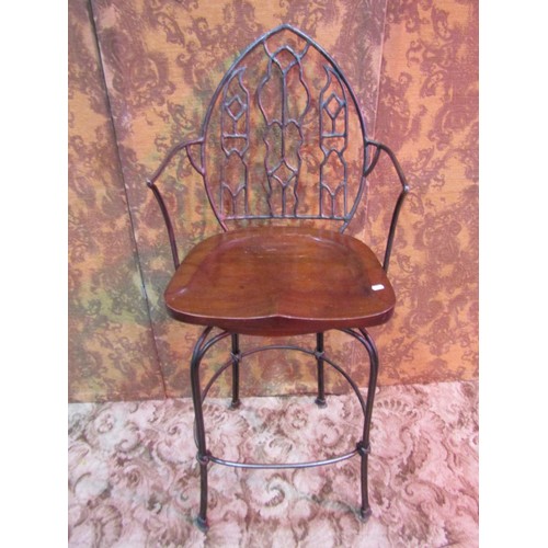 1279 - A pair of good quality heavy gauge contemporary high chairback stools with gothic tracery arched bac... 