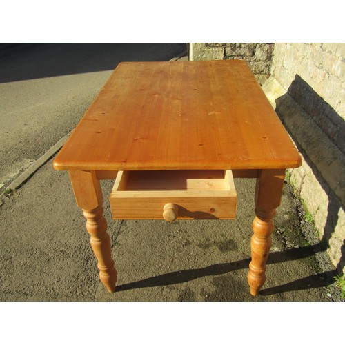 1201 - A Victorian style  pine farmhouse kitchen table with rectangular top over two frieze drawers (one ei... 