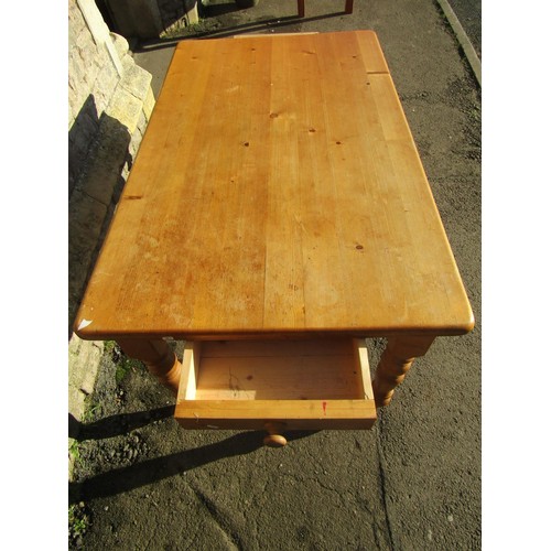 1201 - A Victorian style  pine farmhouse kitchen table with rectangular top over two frieze drawers (one ei... 