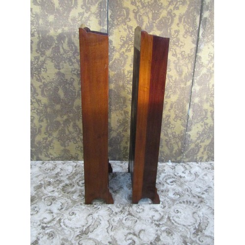 1285 - A pair of small slender Edwardian mahogany free standing open bookcases with fixed shelves and inlai... 