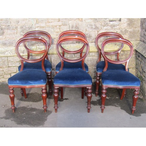 1287 - Set of six Victorian mahogany balloon back chairs with upholstered seats and turned supports