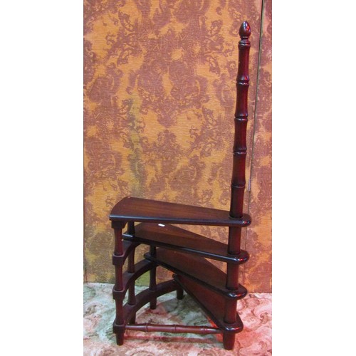 1231 - A reproduction stained hardwood four tread flight of spiral library steps with turned column support... 