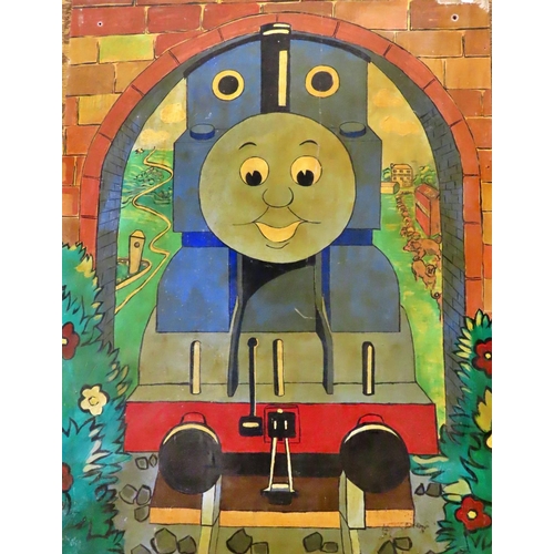 1348 - A large vintage picture of Thomas the Tank Engine within a landscape scene hand painted on board, 14... 