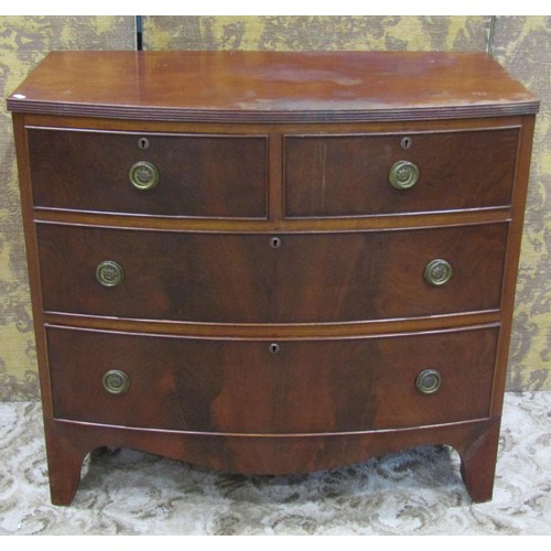 1246 - A small 19th century mahogany bow fronted bedroom chest of two long and two short drawers with shape... 