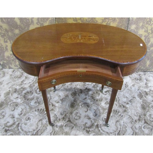 1251 - An inlaid Edwardian mahogany kidney shaped side table with frieze drawer raised on square tapered le... 