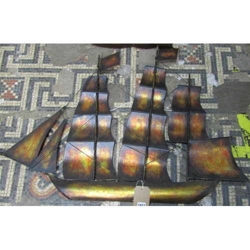 1371 - Wall art: A light sheet metal galleon at full sail with painted finish, 71 cm x 104 cm together with... 