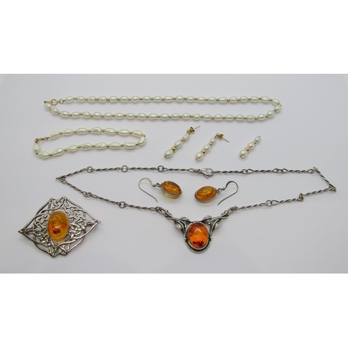 364 - Group of jewellery comprising an Arts & Crafts style silver amber foliate design pendant necklace, m... 