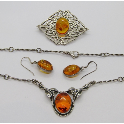 364 - Group of jewellery comprising an Arts & Crafts style silver amber foliate design pendant necklace, m... 