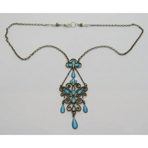 365 - Marius Hammer Norwegian silver drop pendant necklace with turquoise-blue and white enamel decoration... 