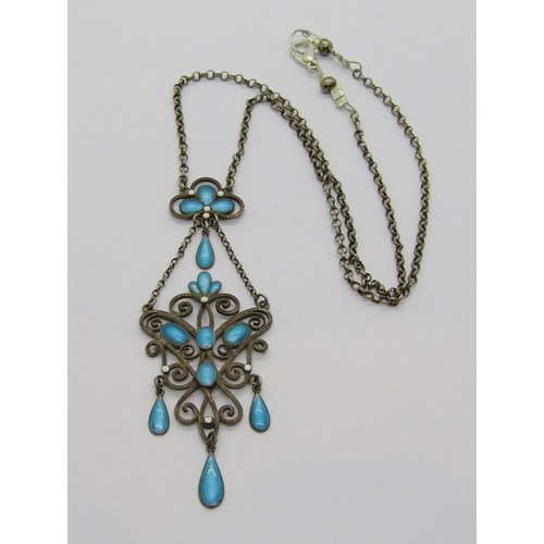 365 - Marius Hammer Norwegian silver drop pendant necklace with turquoise-blue and white enamel decoration... 