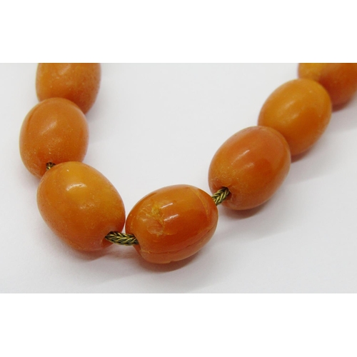 366 - Amber coloured bead necklace strung on a gilt metal foxtail chain, 25g