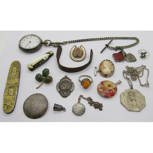 367 - Collection of antique and later costume jewellery to include a 935 silver fob watch with associated ... 