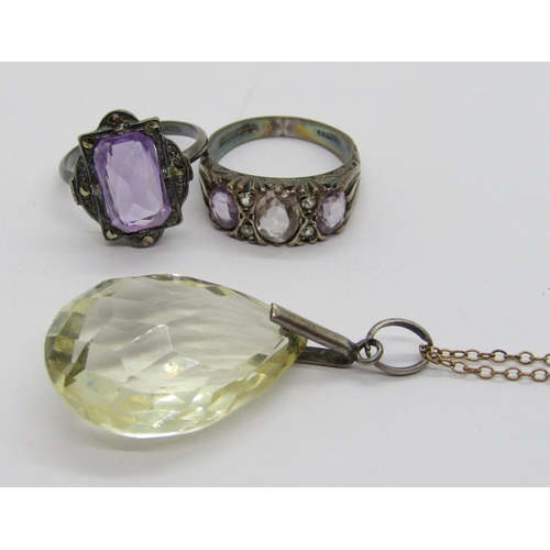 368 - Collection of silver jewellery to include an Art Deco amethyst and marcasite dress ring, a carnelian... 