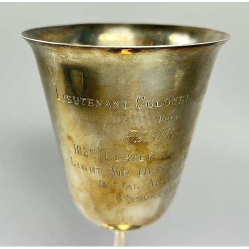 249 - A small silver wine goblet with military dedication to the bowl, Birmingham, 1973, Maker Frank Hawke... 