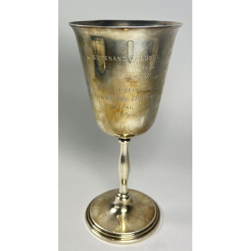 249 - A small silver wine goblet with military dedication to the bowl, Birmingham, 1973, Maker Frank Hawke... 